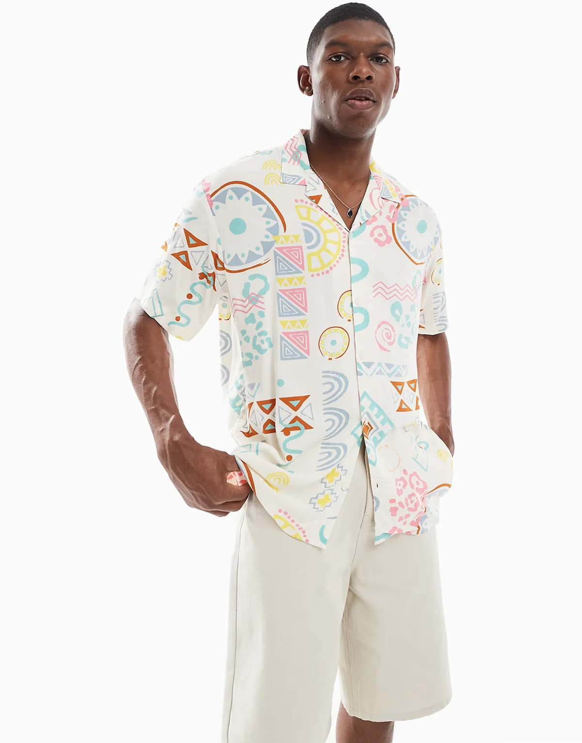 oversized shirt with multi print in beige