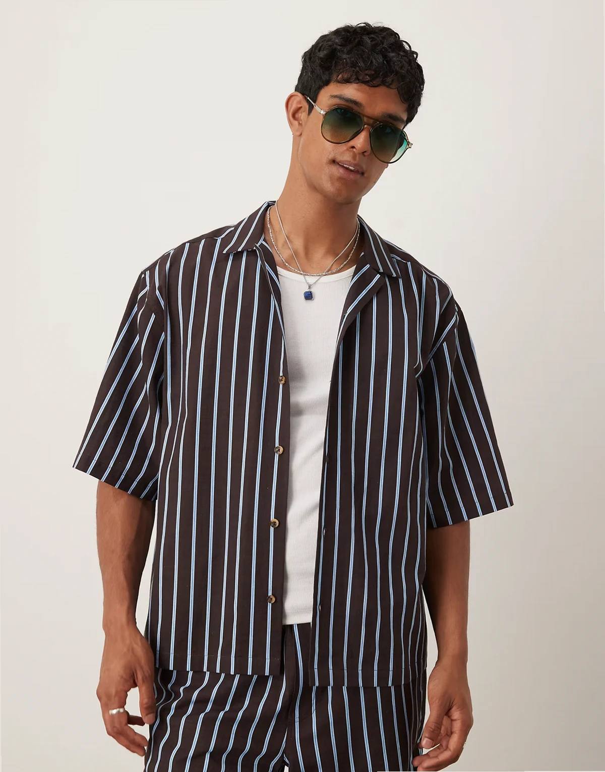 boxy oversized camp collar shirt in brown stripe - part of a set