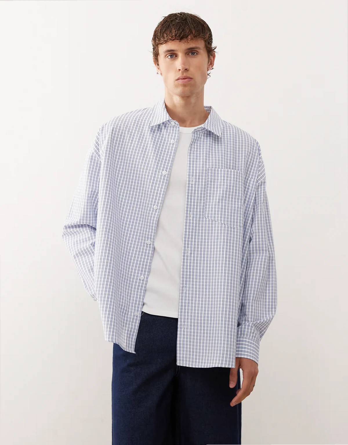 boxy long sleeve skater shirt in blue plaid