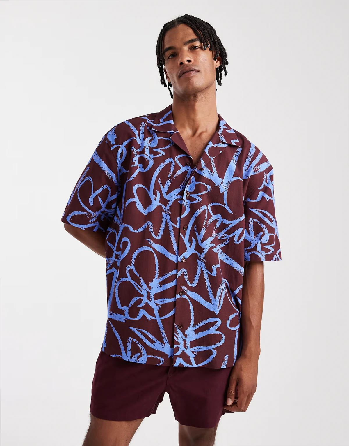 relaxed camp collar shirt with floral print in burgundy - part of a set