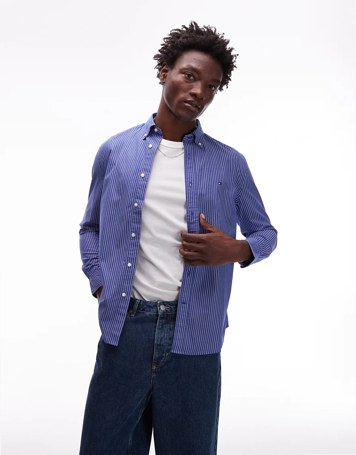 – Hemd aus Popeline in gestreiftem Blau