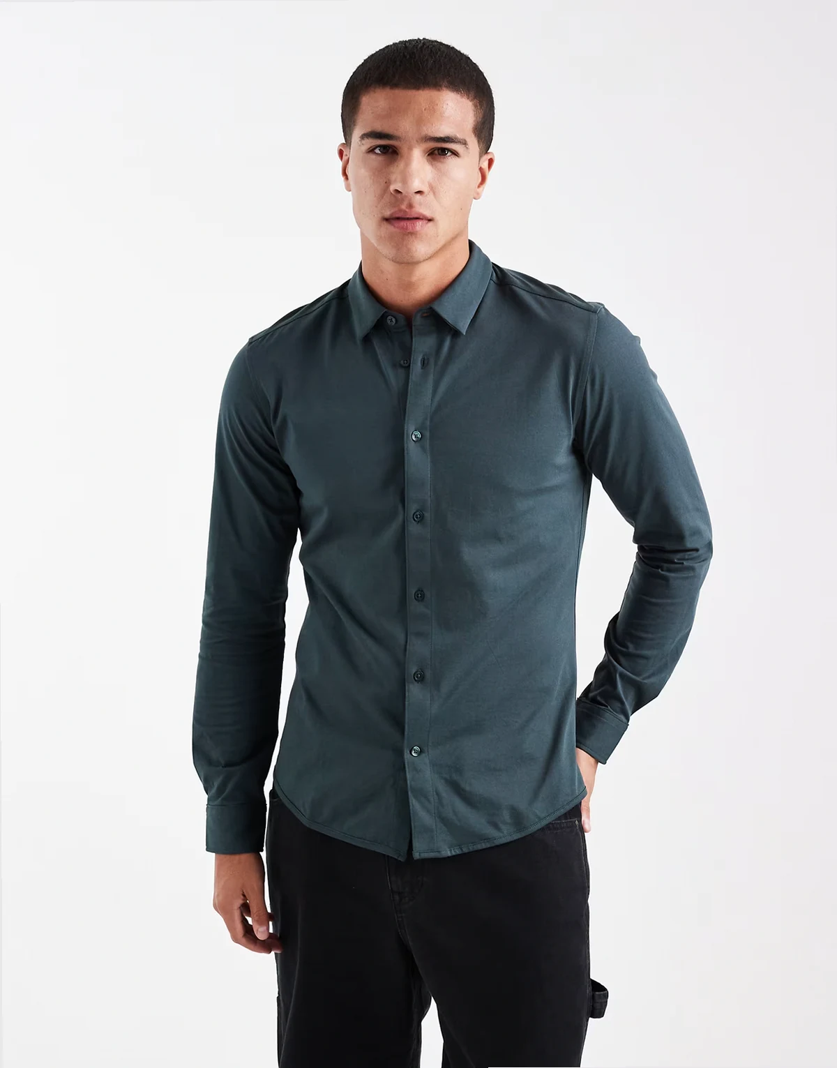 – Langärmliges, elastisches Slim Fit-Hemd in Dunkelgrün