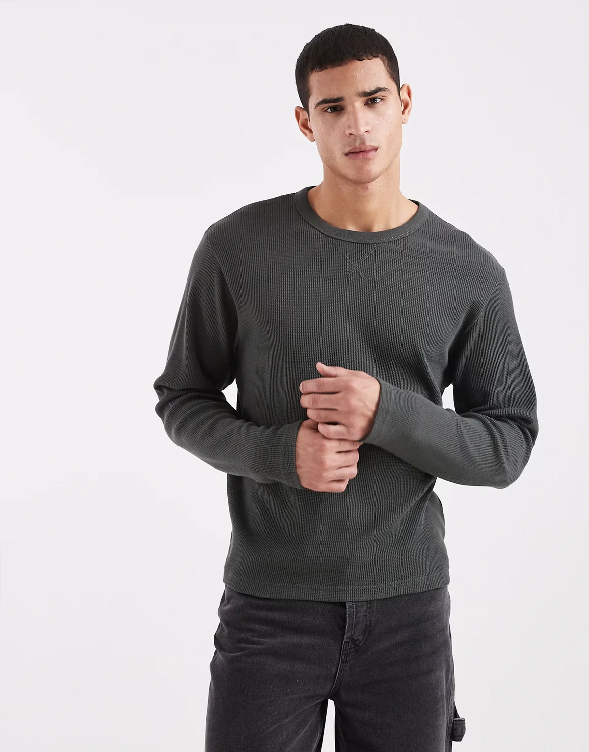 – Langärmliges Shirt in Khaki mit Waffelstruktur
