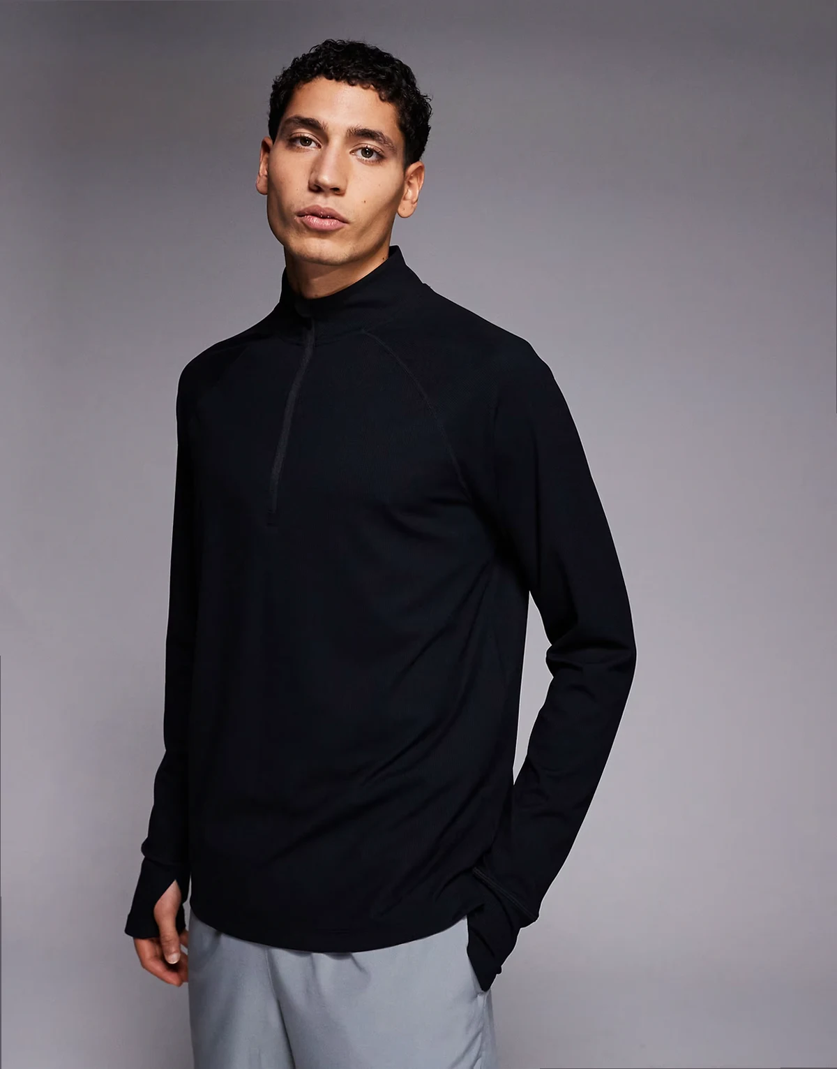 engineered performance waffle quarter zip long sleeve running top in black