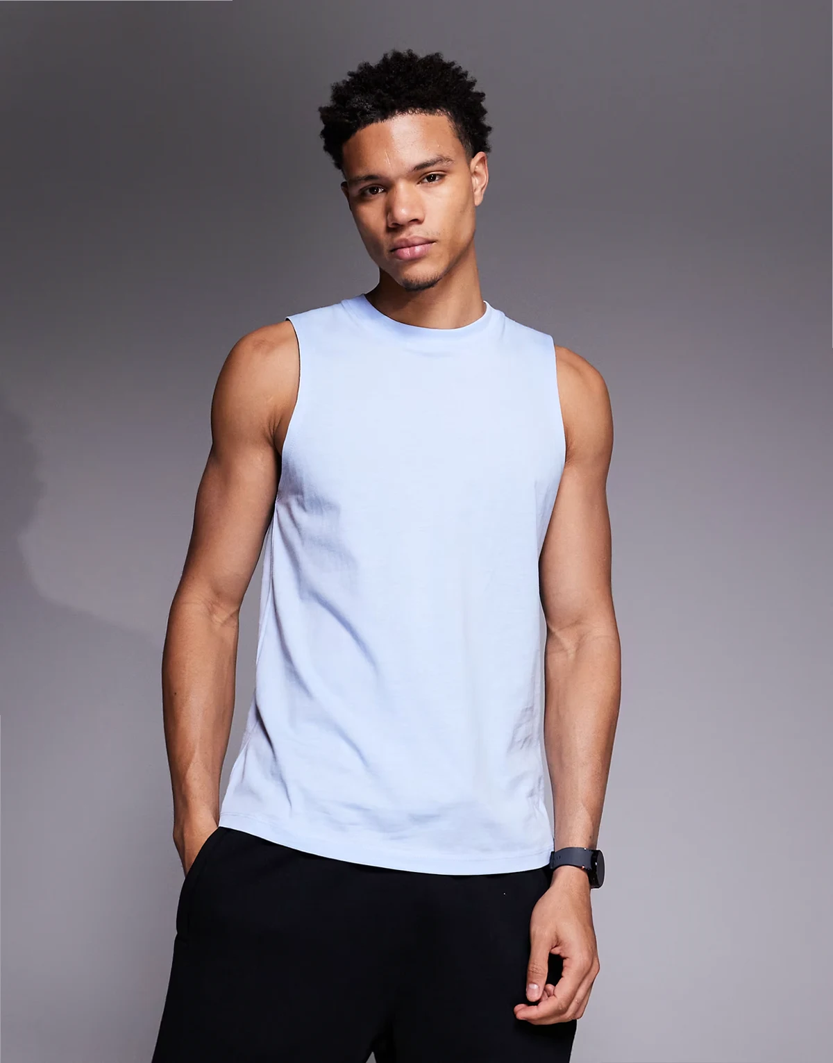 Icon drop armhole cotton training tank top with quick dry finish in light blue