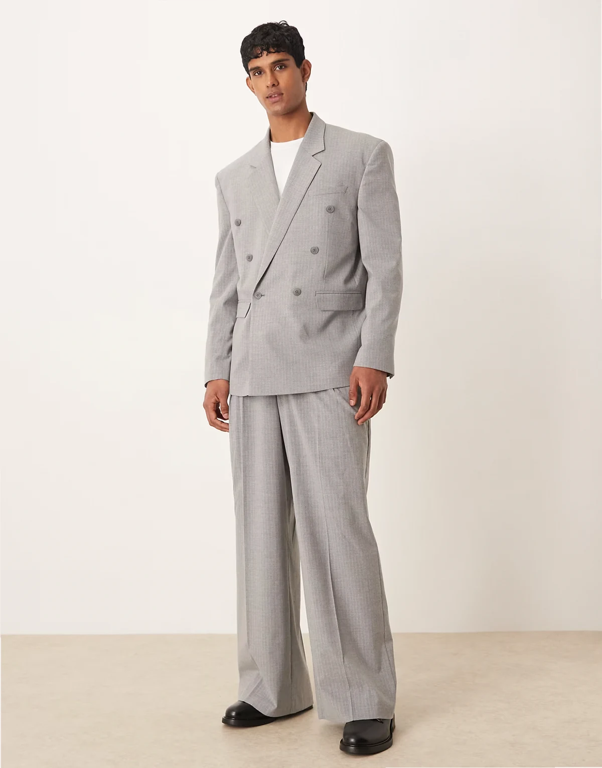 loose suit pants in gray pinstripe