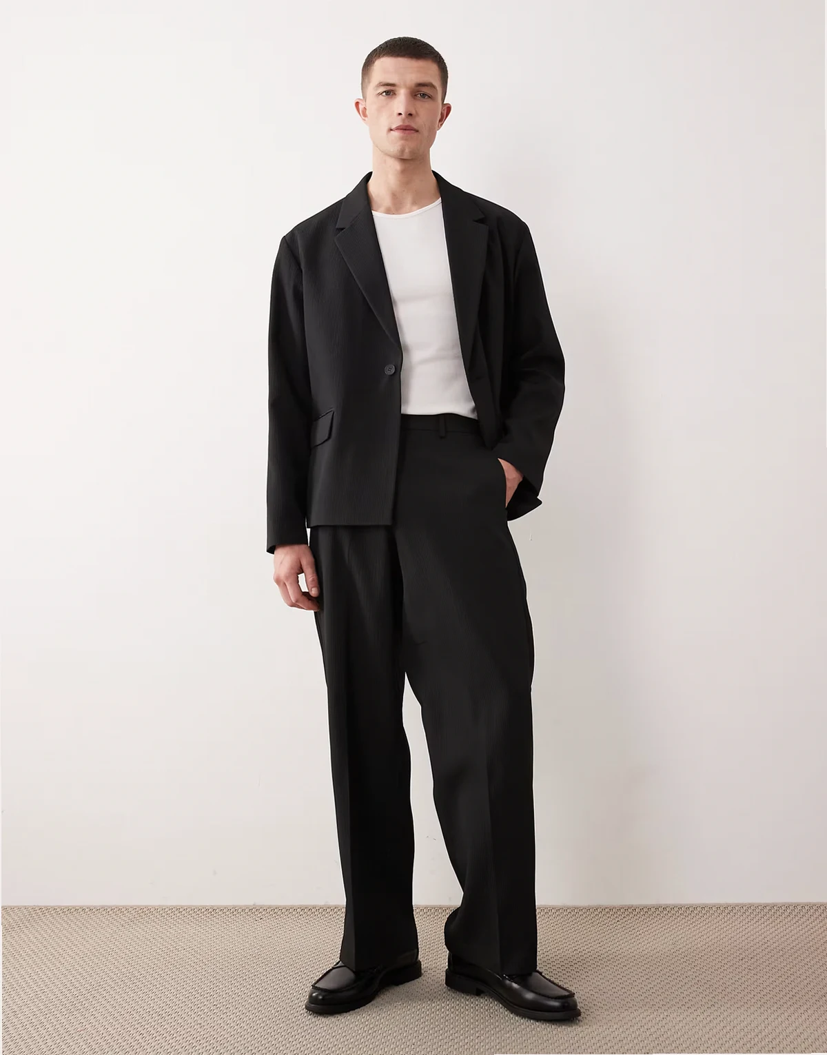 ribbed texture wide suit pants in black