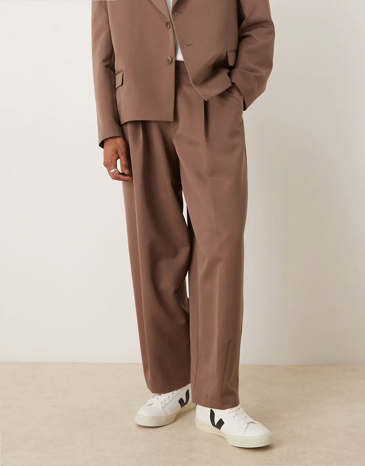 barrel leg suit pants in brown