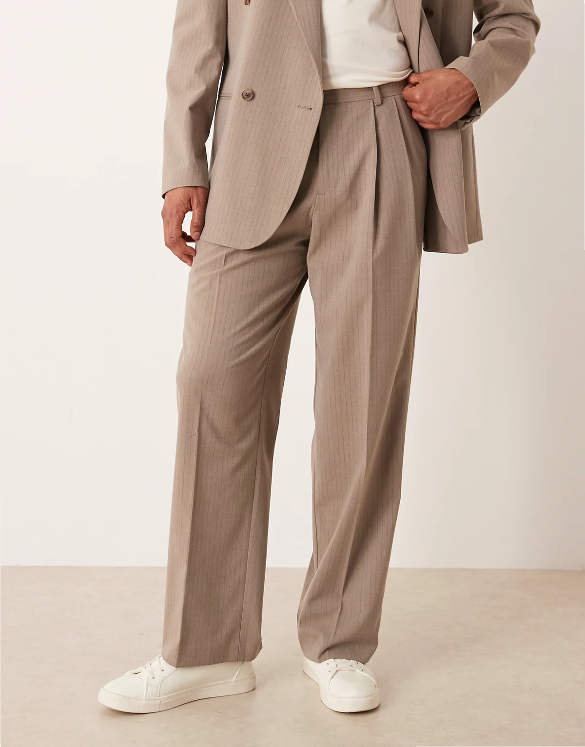 wide suit pants in neutral pinstripe