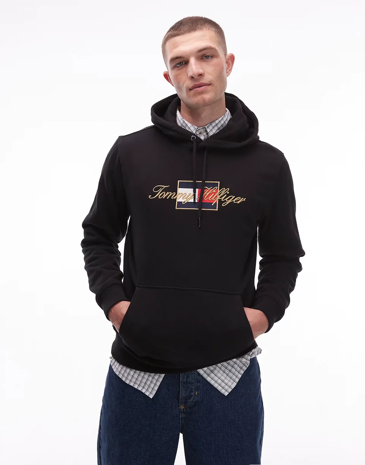 – Kapuzenpullover in Schwarz mit Flag-Print und goldfarbenem Detail