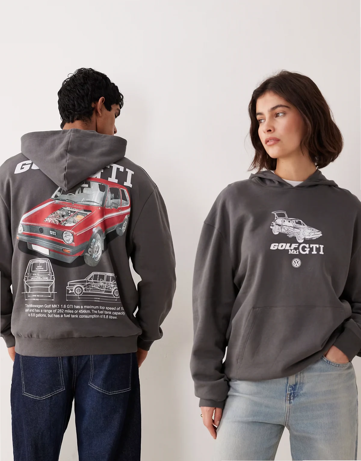 Unisex – Szara luźna bluza z kapturem i nadrukiem z motywem Volkswagena