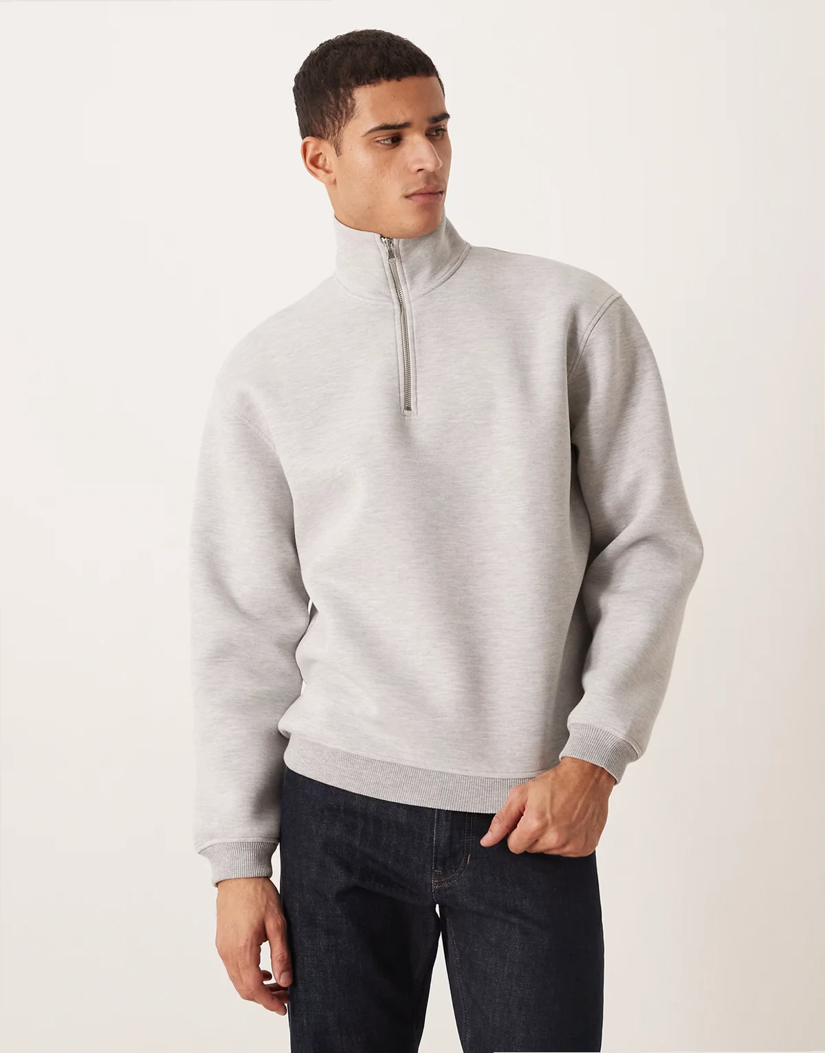 – Szara melanżowa bluza oversize z kołnierzykiem polo z grubego materiału w stylu scuba z zamkiem pod szyją