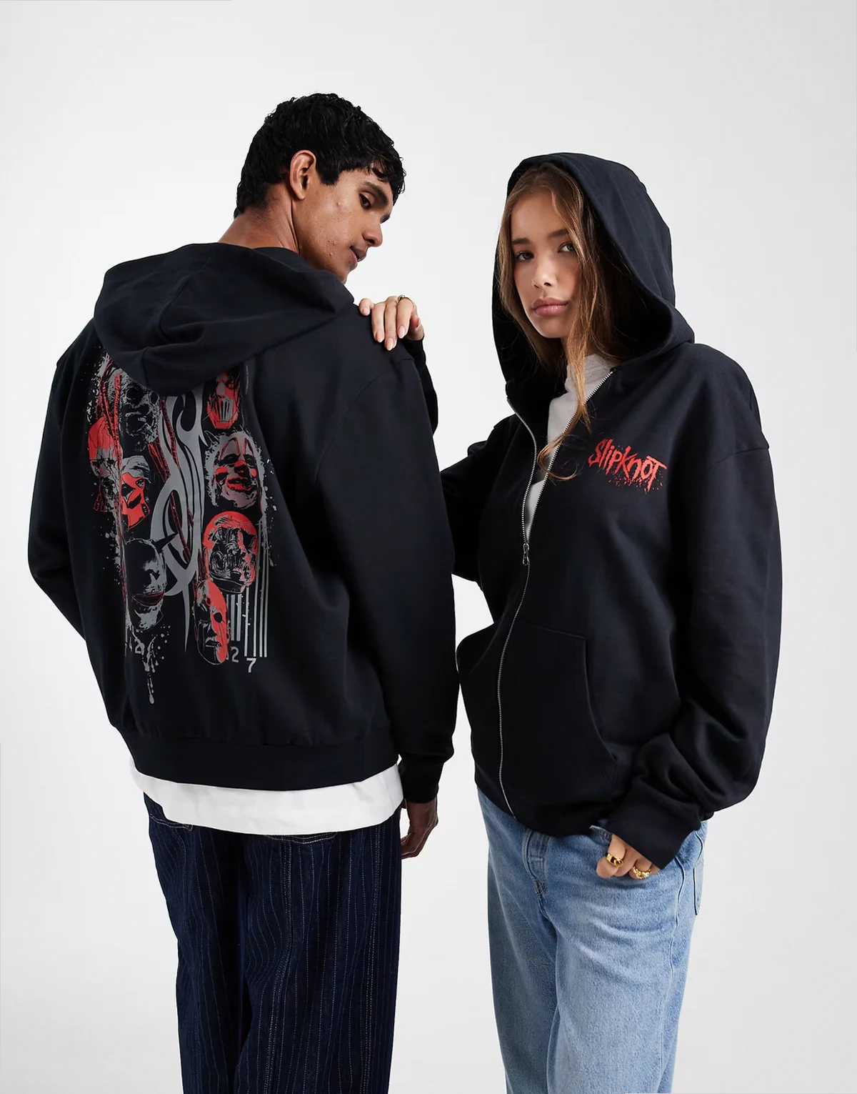 Unisex – Czarna bluza z kapturem o luźnym kroju z nadrukiem Slipknot