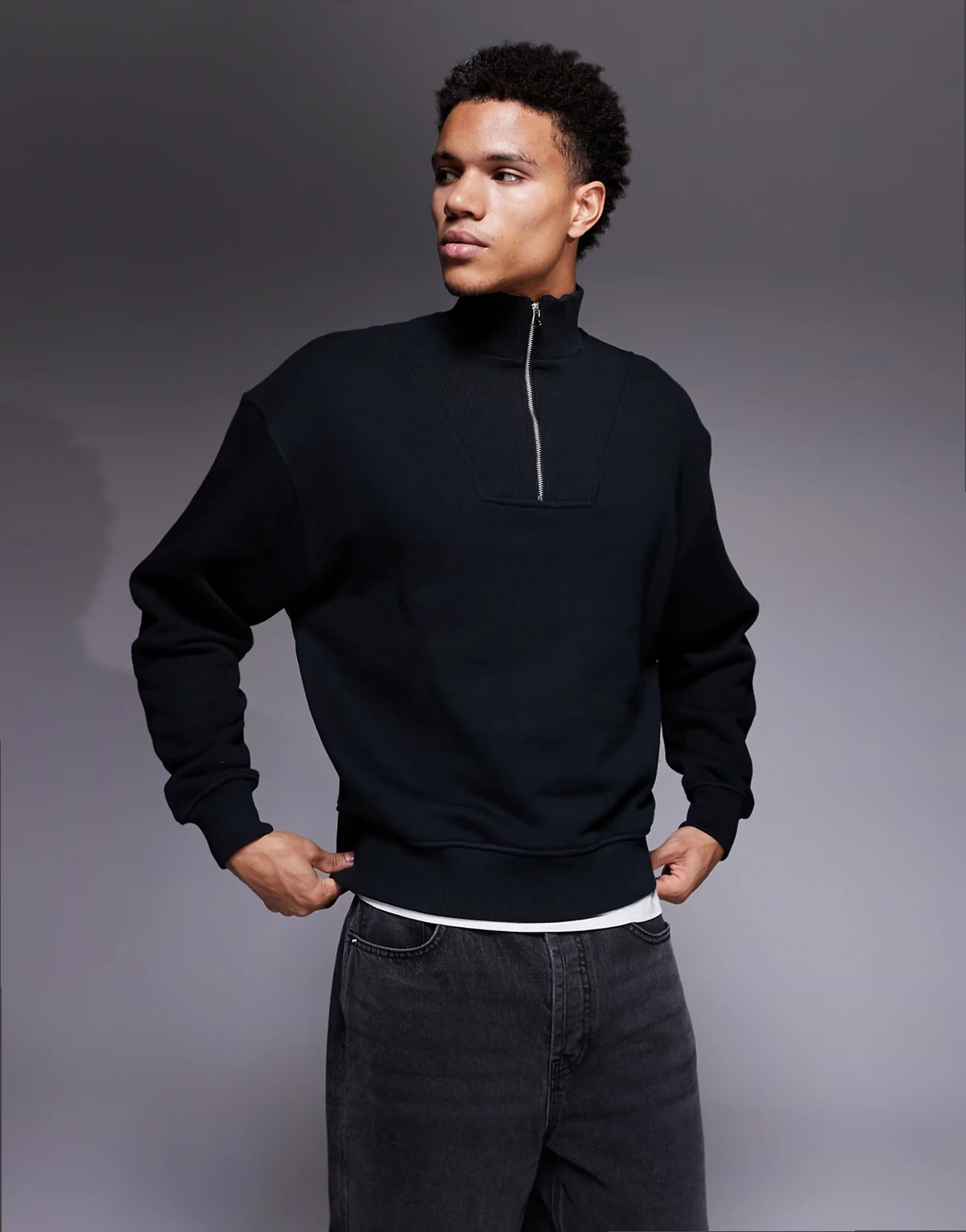 Rest Day heavyweight 420gsm cotton oversized funnel neck 1/4 zip sweat in washed black