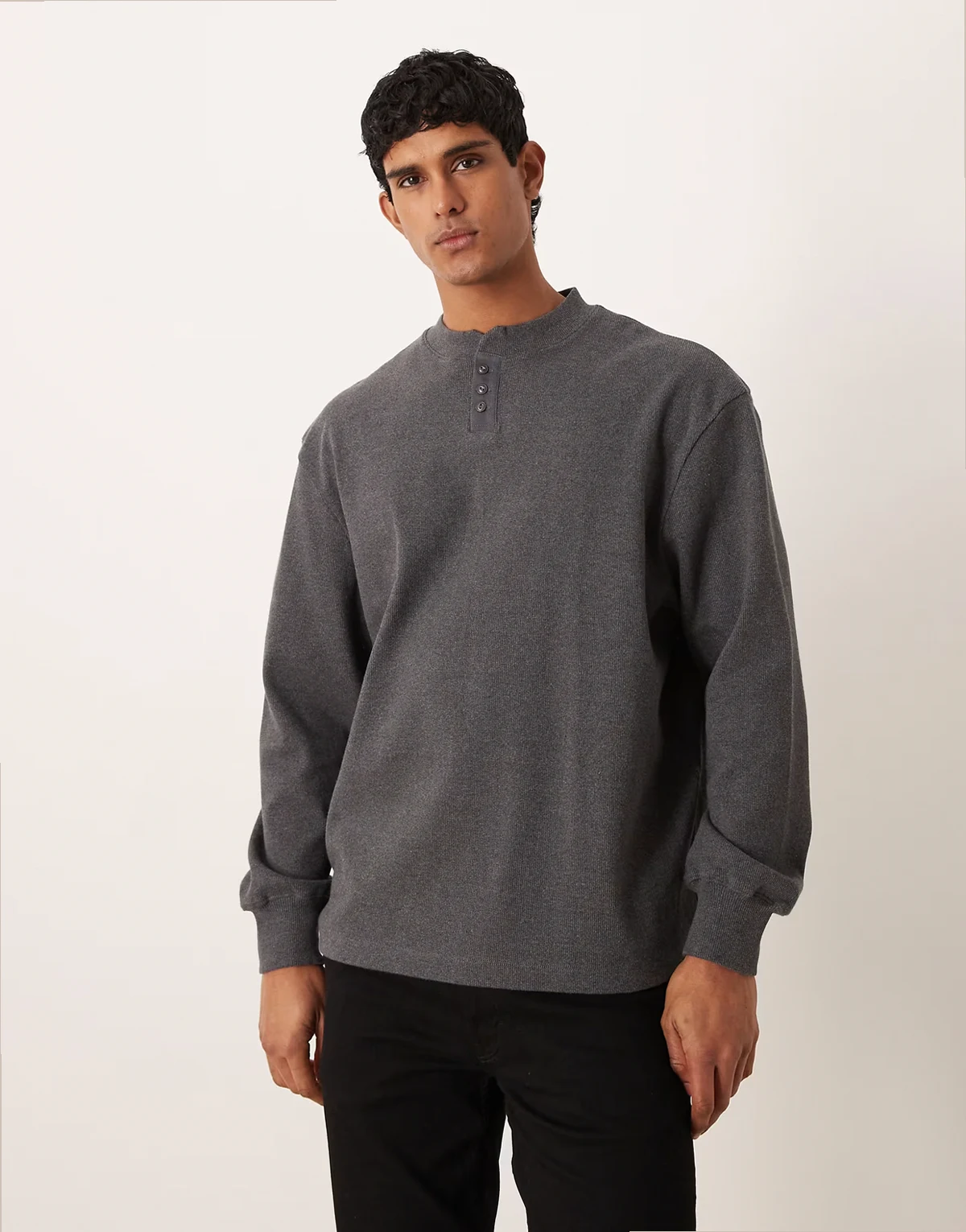 – Oversize-Sweatshirt aus schwerem Rippstoff in Anthrazit meliert mit Grandad-Kragen