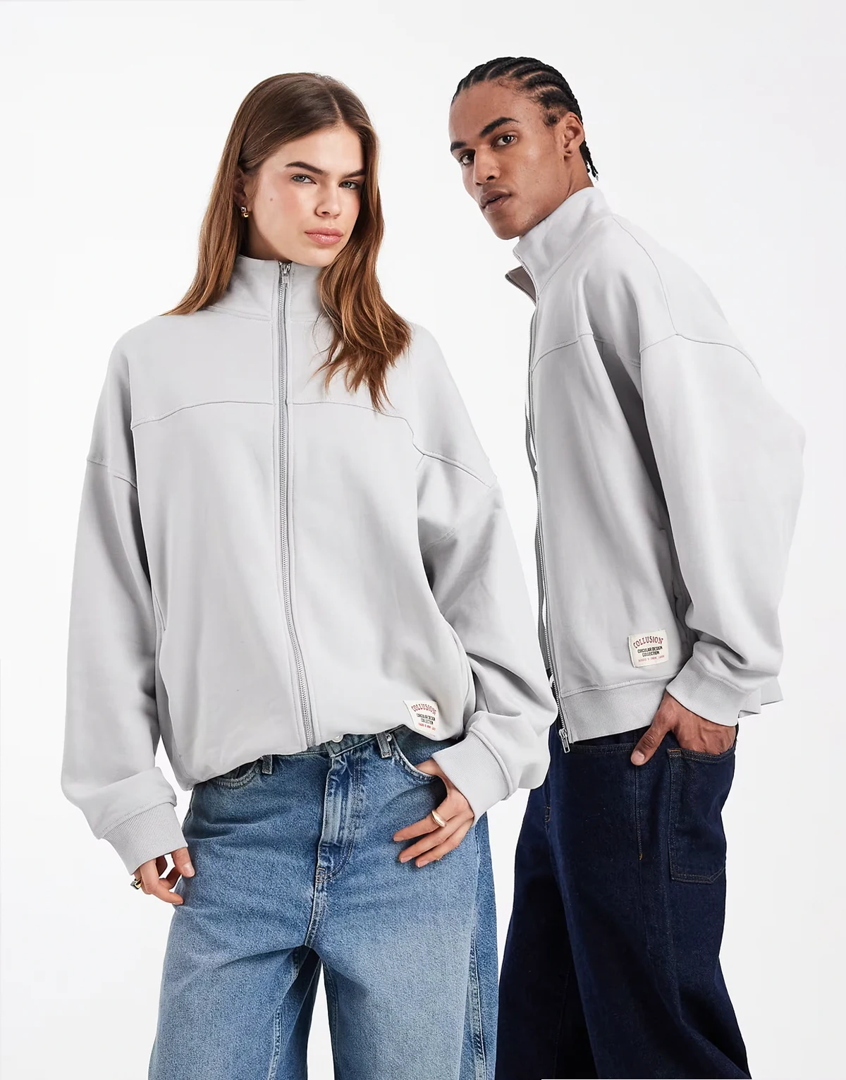 Unisex – Circular Design Collection – Szary, gruby, zapinany na zamek top dresowy o pudełkowym kroju z golfem