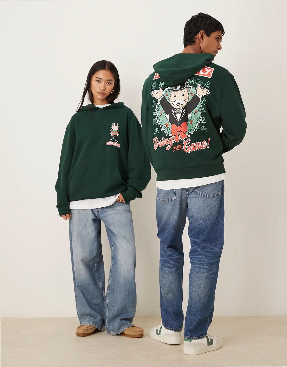 unisex oversized hoodie with Christmas Monopoly print in green