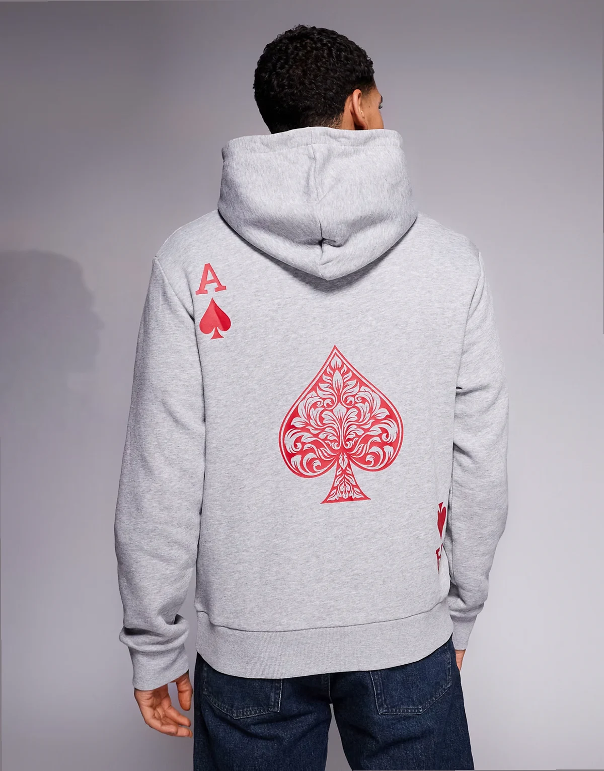 oversized hoodie with ace of hearts back and chest prints in light gray