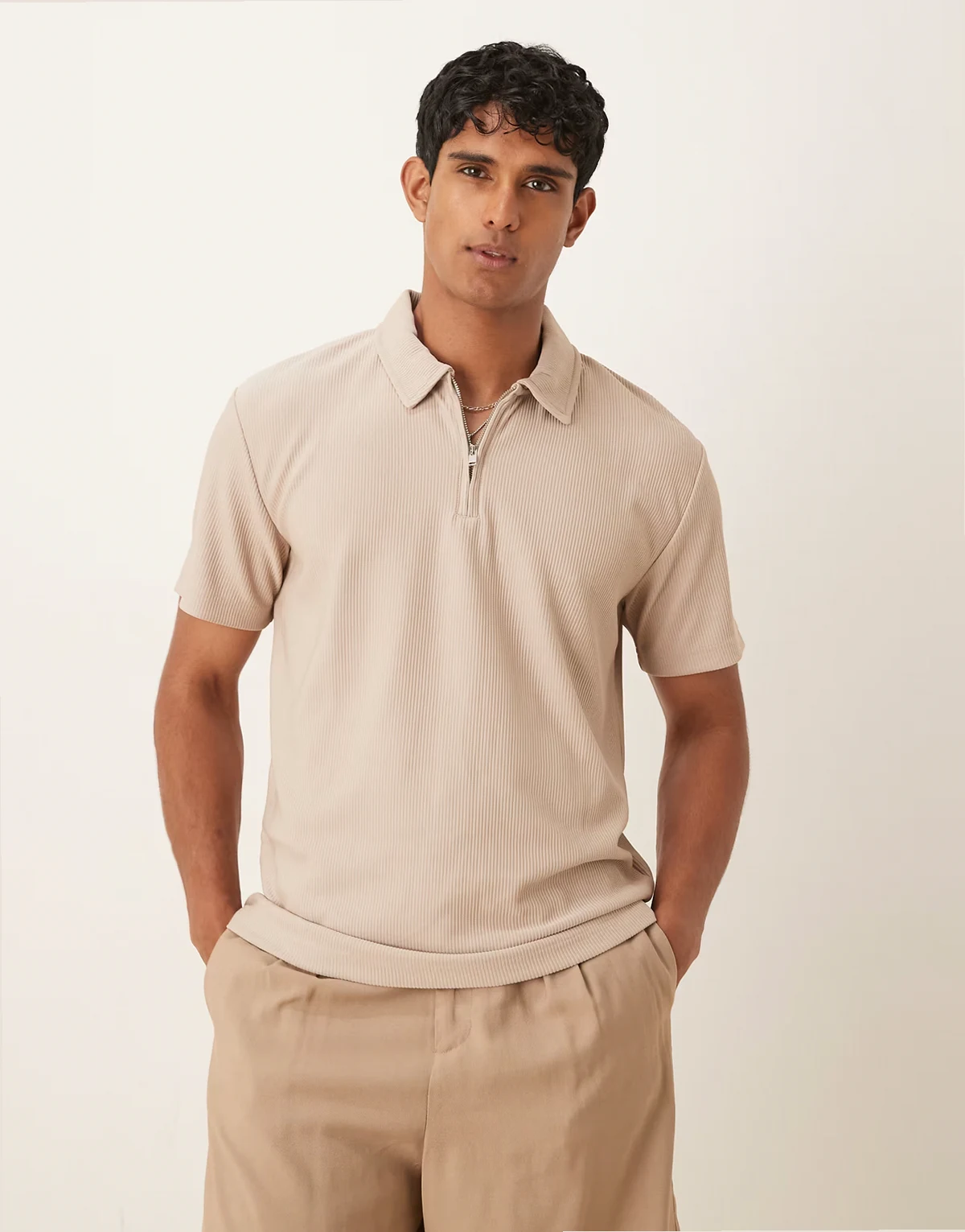 plisse half zip polo in tan