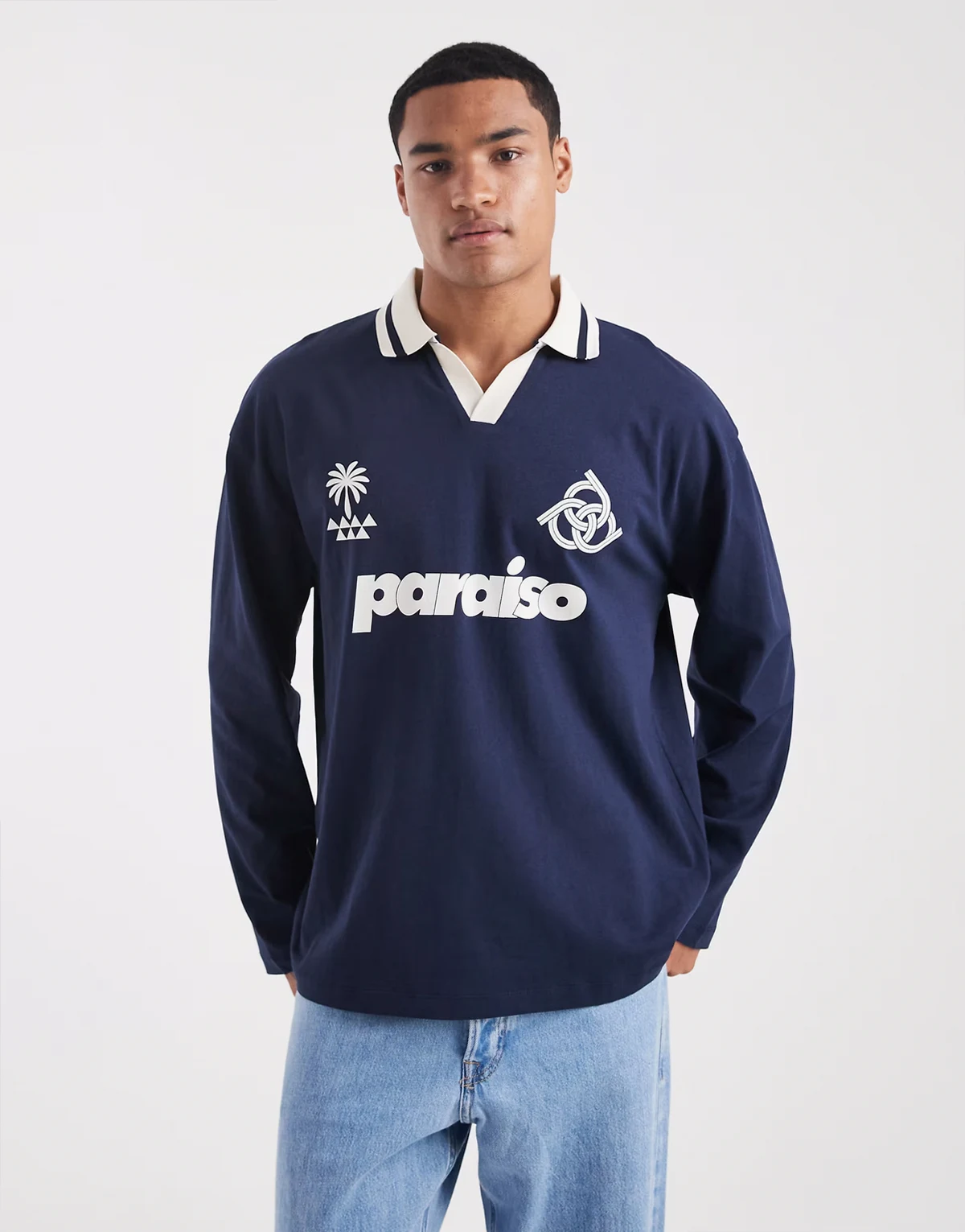 – Langärmliges Oversize-Polohemd in Marineblau mit Sport-Print