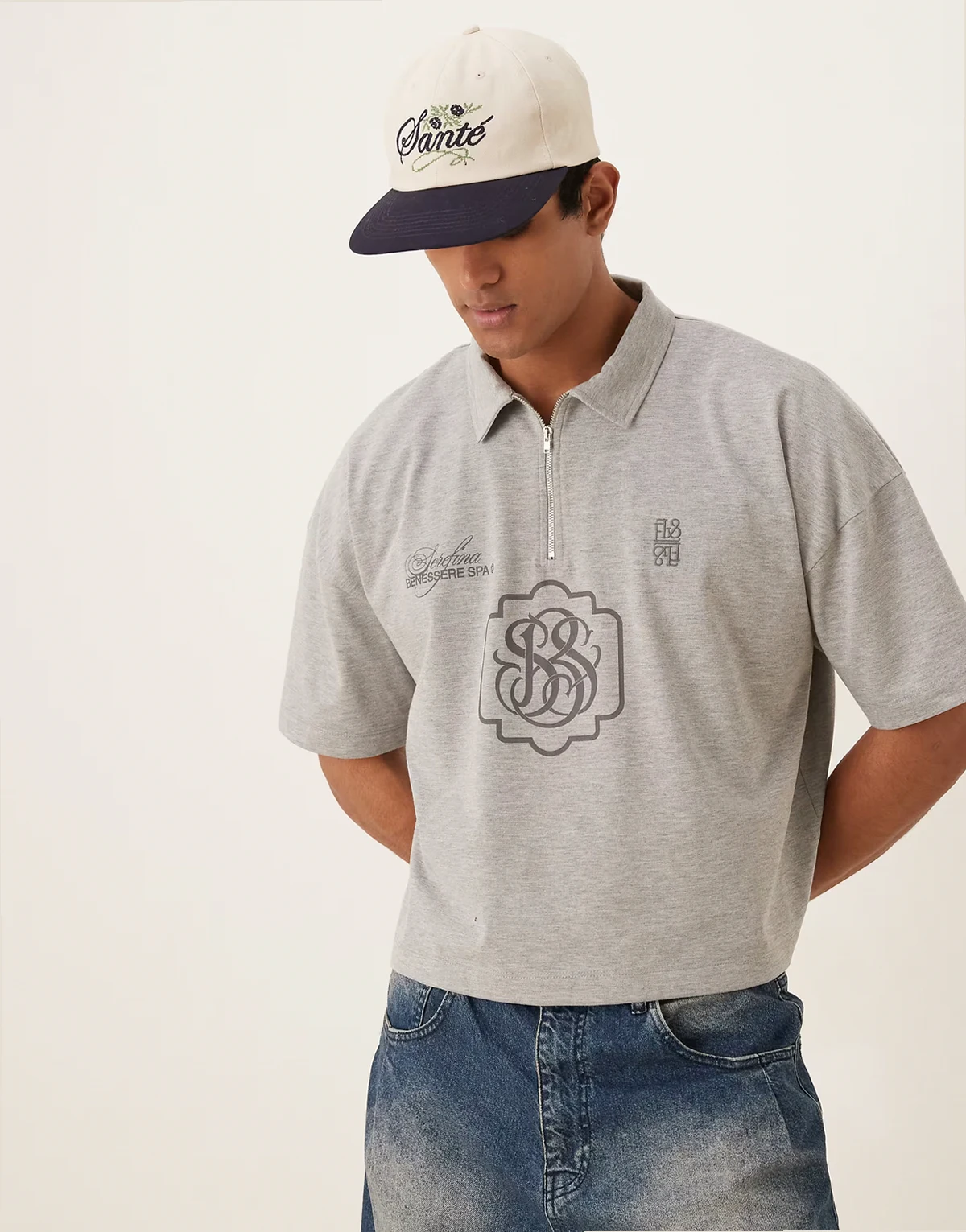 – Superschweres Cropped-Polohemd in Grau meliert mit Logo-Stickerei und Oversize-Schnitt