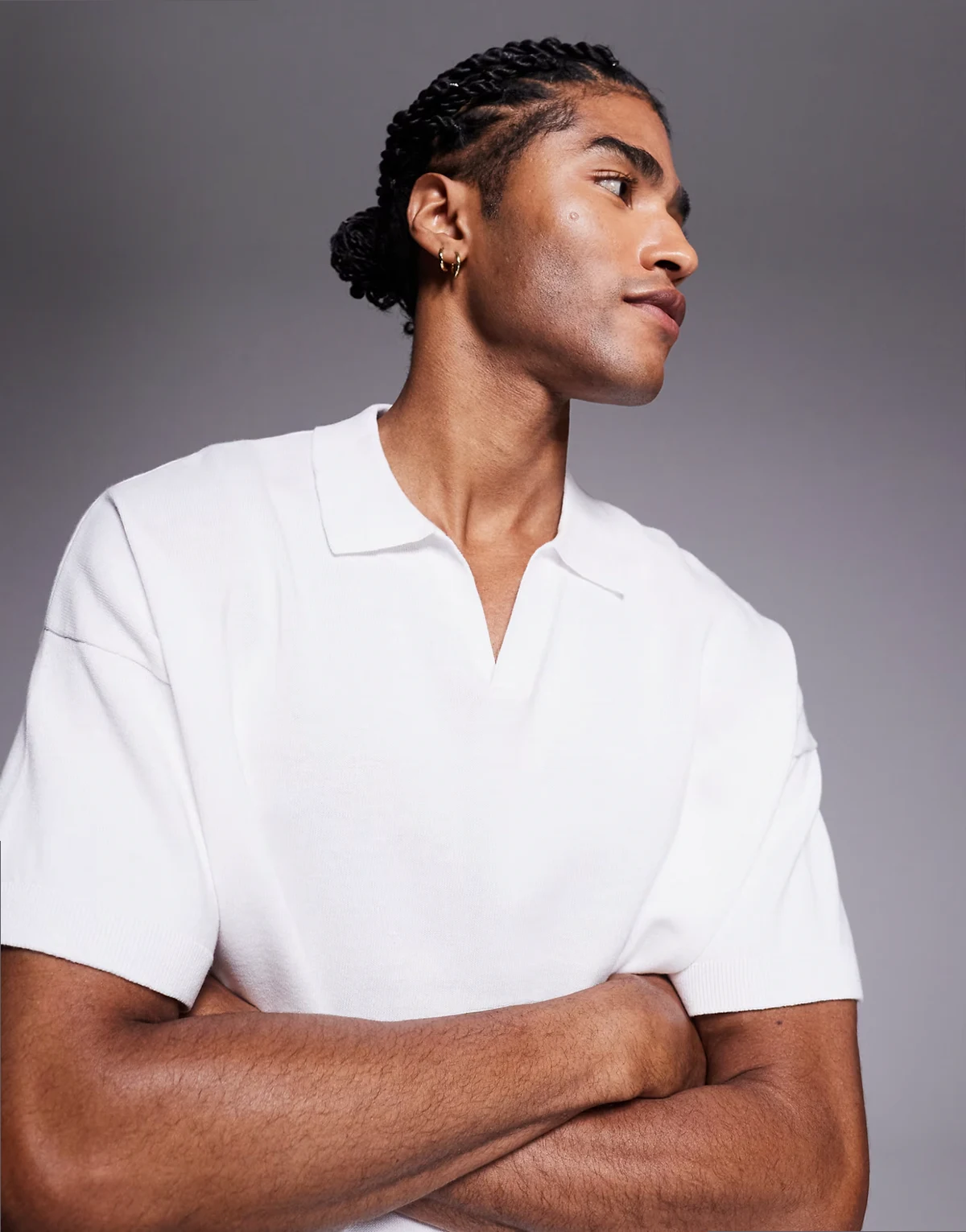 relaxed knit midweight cotton notch neck polo shirt in white