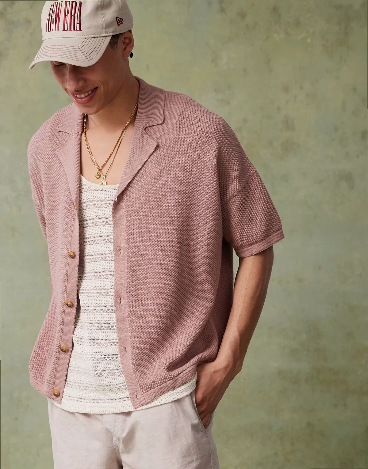 – Oversize-Polohemd aus Strukturstrick in Rosa mit Reverskragen