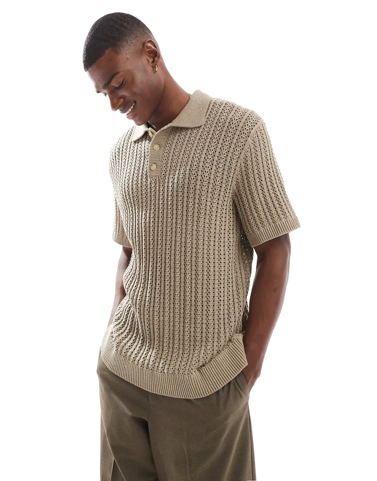 Premium crochet knitted polo shirt in tan