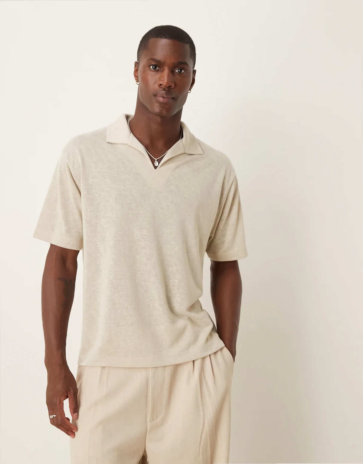 – Relaxed-Fit-Polohemd in Beige mit Leinenoptik
