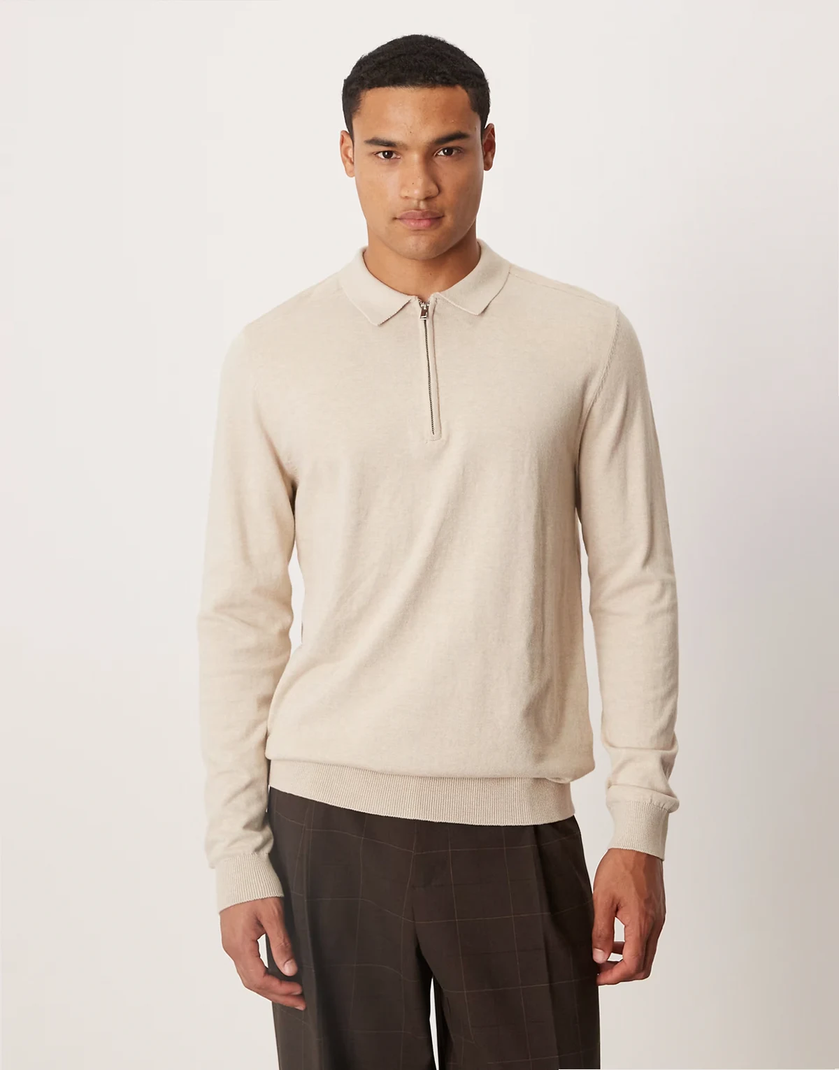 100% cotton long sleeve half zip polo shirt in cream