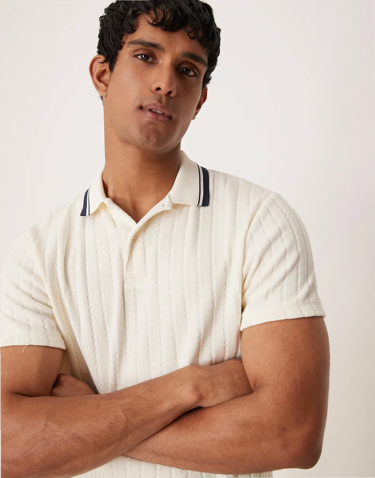 boxy polo shirt with tipped collar in beige rib knit