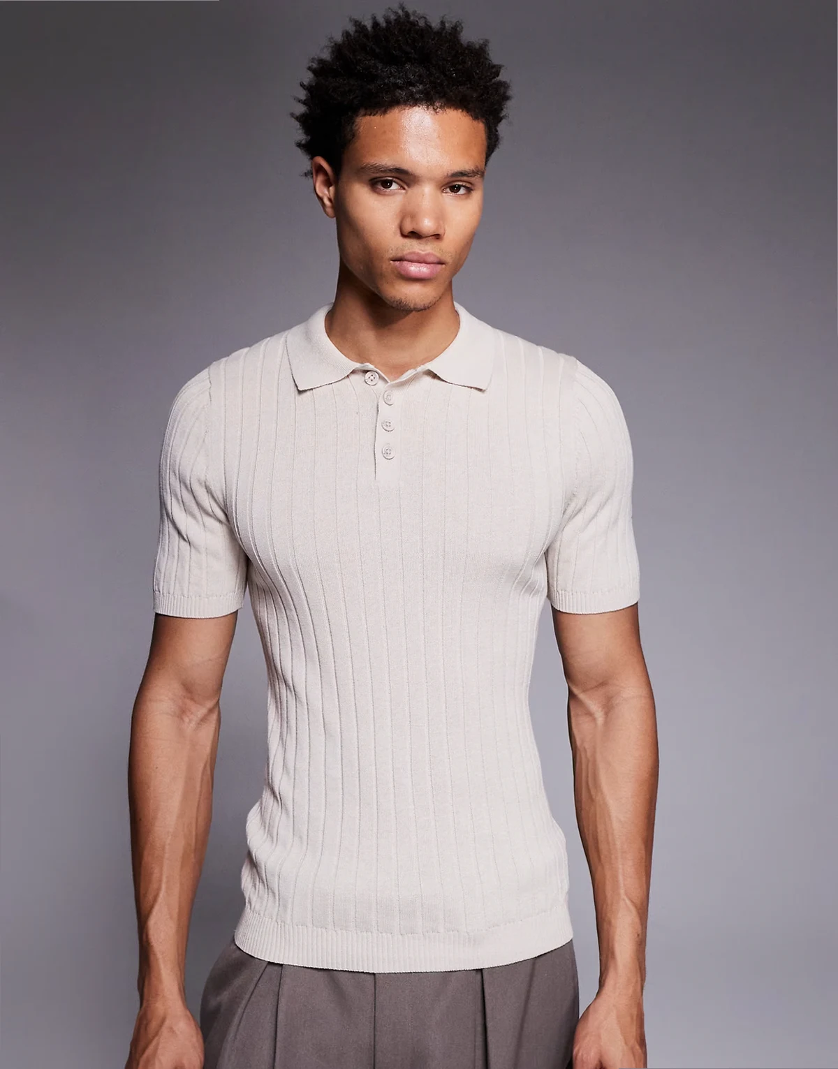 muscle fit rib knit polo t-shirt in stone