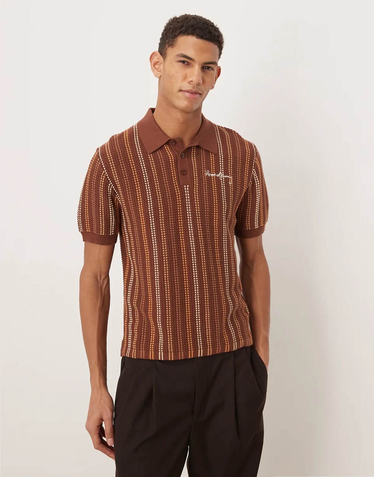 knit striped polo in brown