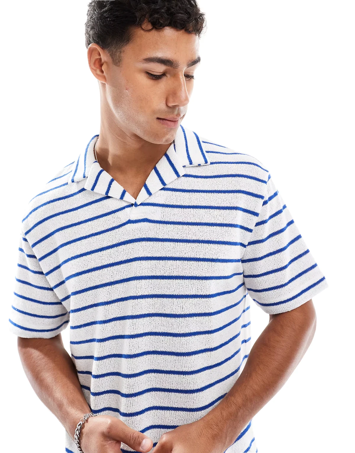 relaxed polo shirt with camp collar in textured blue and white stripes