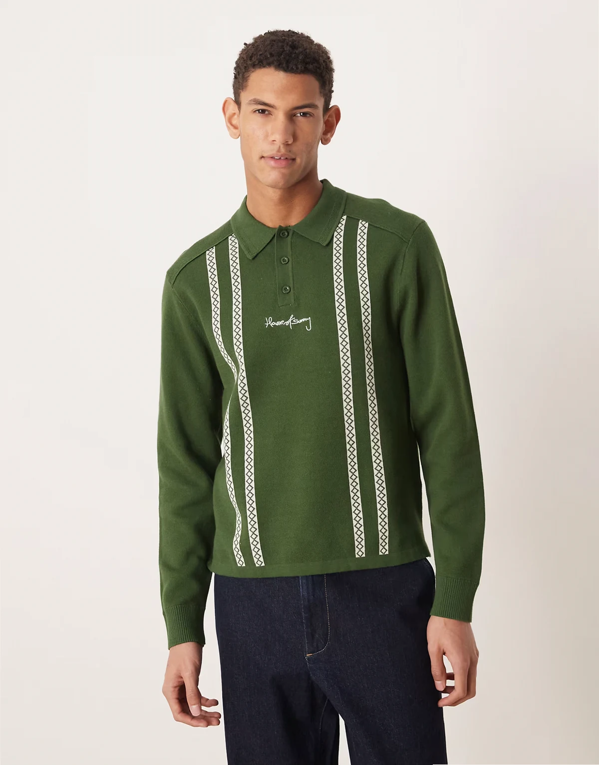 knit striped long sleeve rugby shirt in emerald
