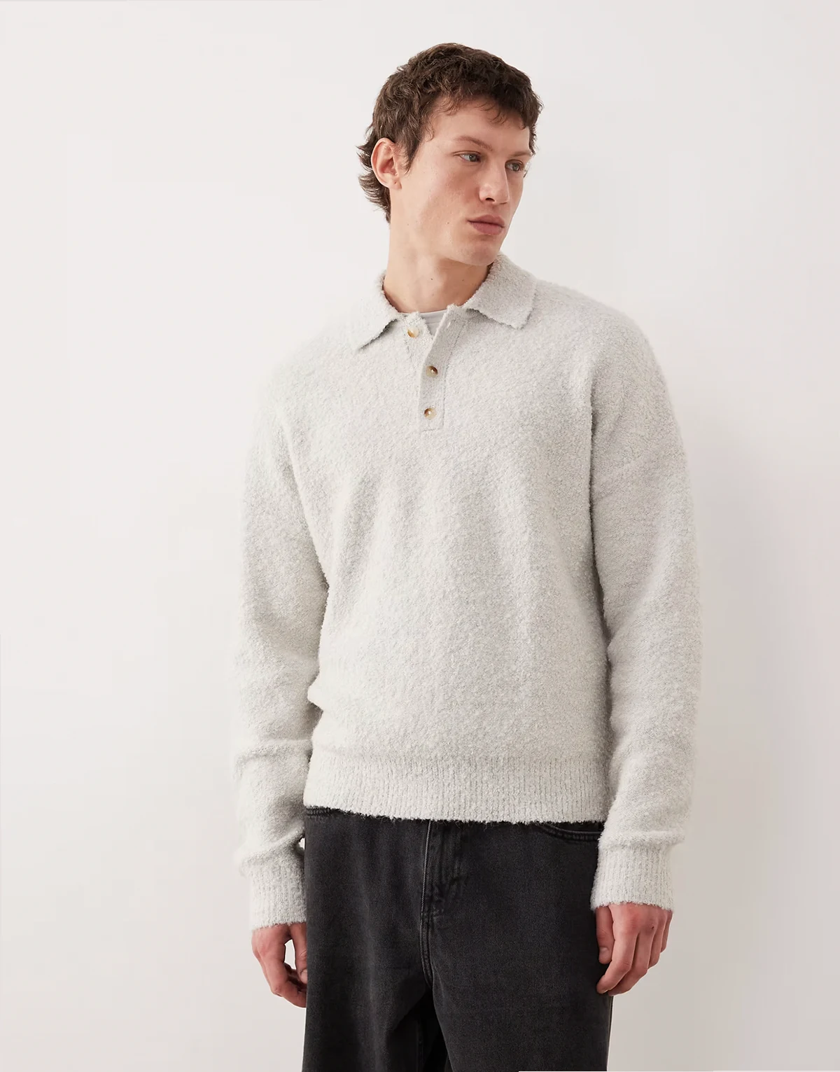 – Relaxed-Fit-Polohemd aus Bouclé-Strick in Grau