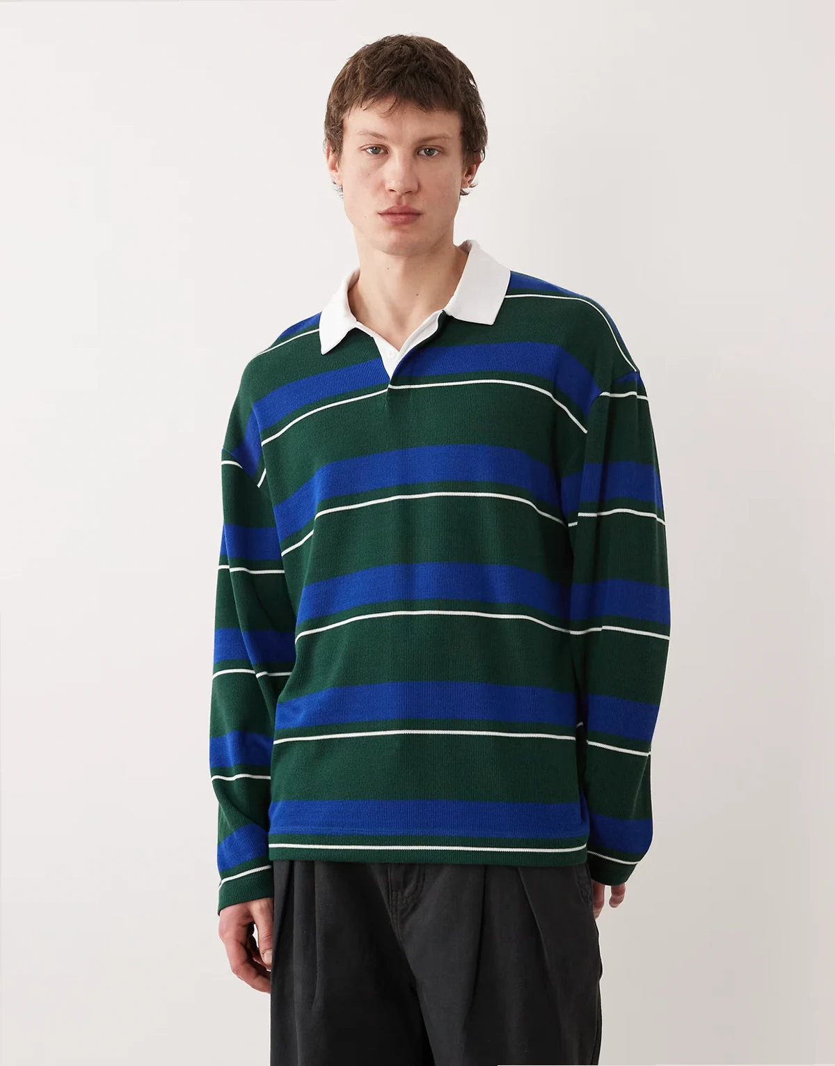 – Langärmliges, gestreiftes Oversize-Rugby-Polohemd aus schwerem Stoff in Grün