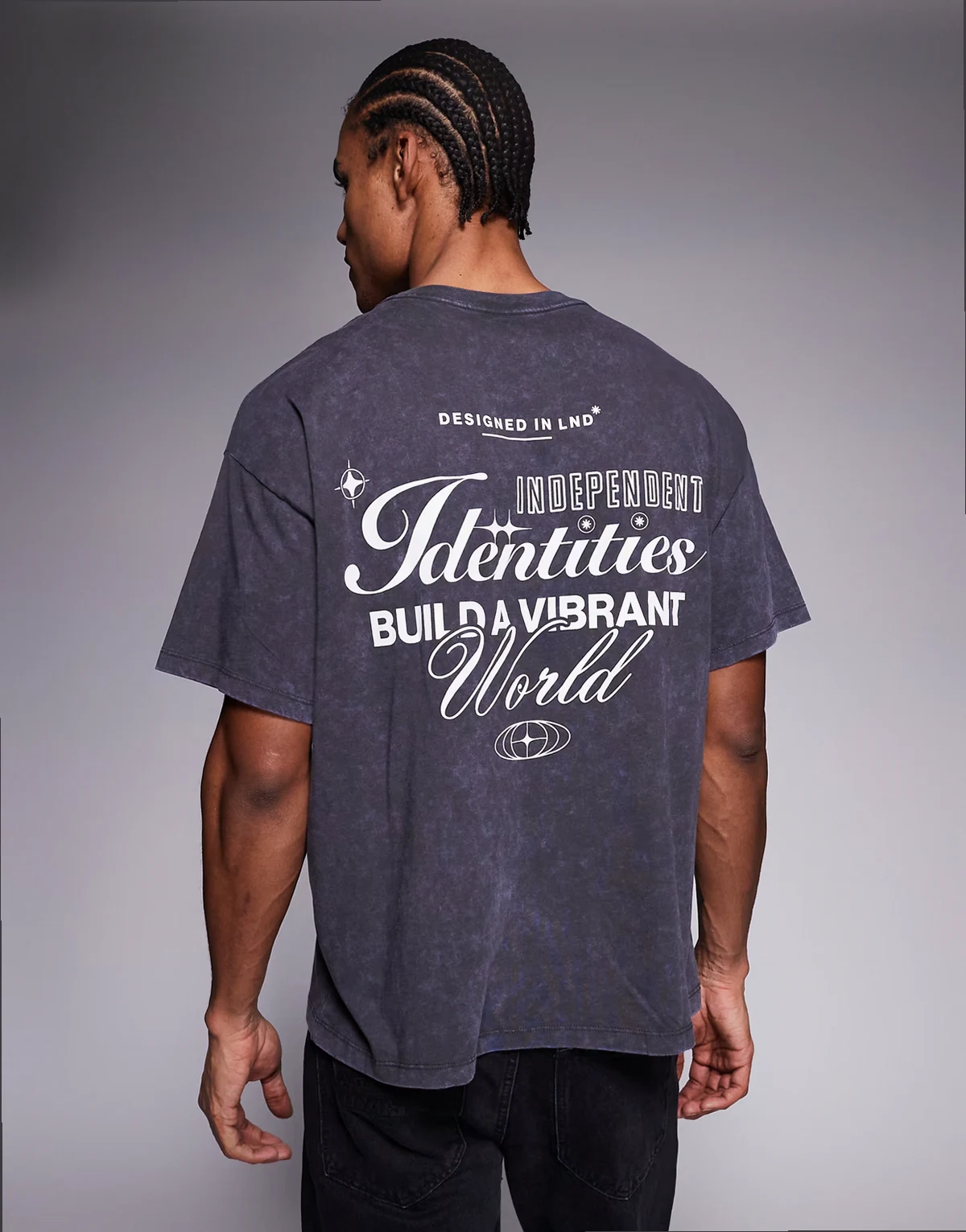 oversized t-shirt with identities back and chest prints in washed black