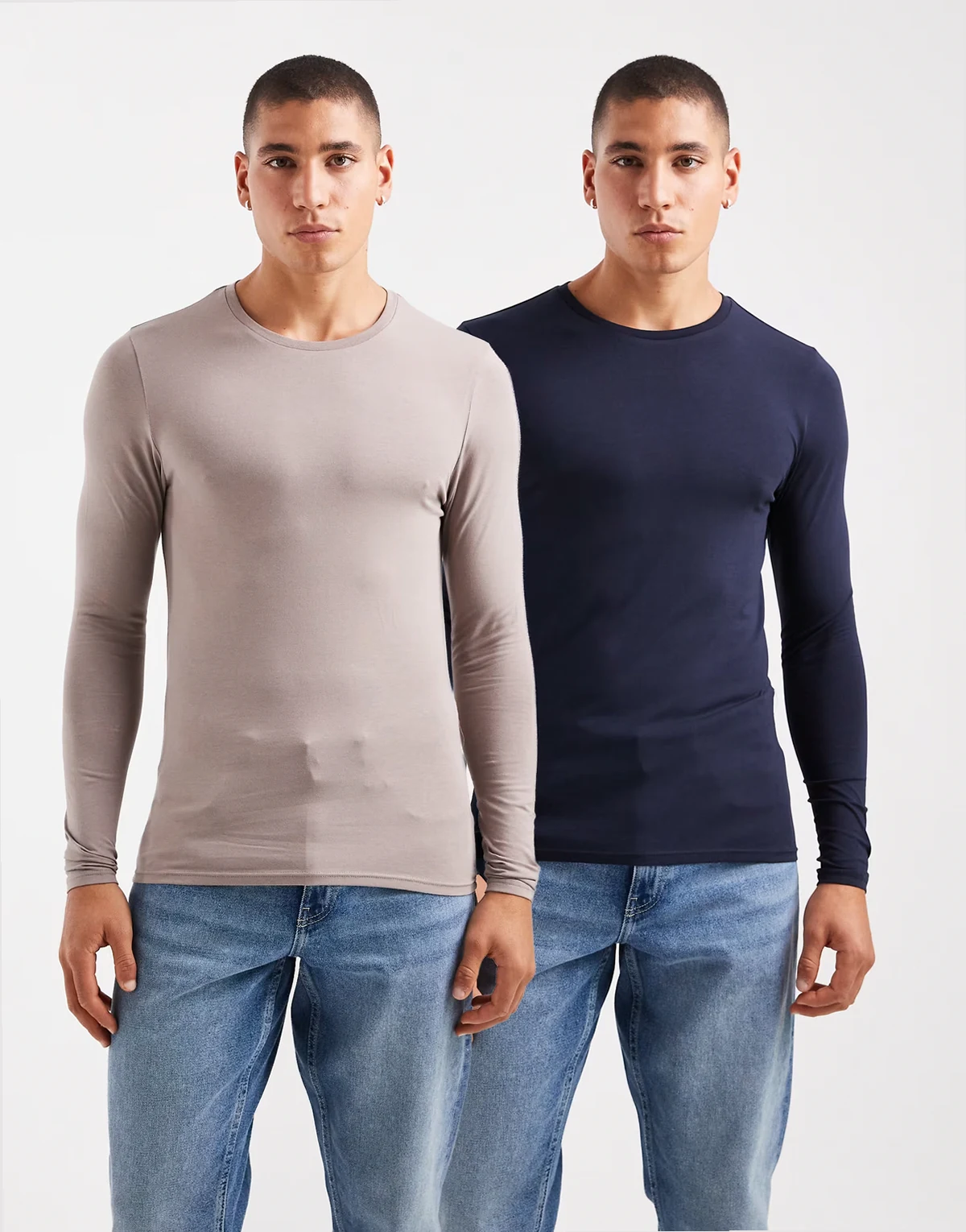 Essentials – Zestaw 2 dopasowanych T-shirtów z długim rękawem w kolorze szarobeżowym i granatowym