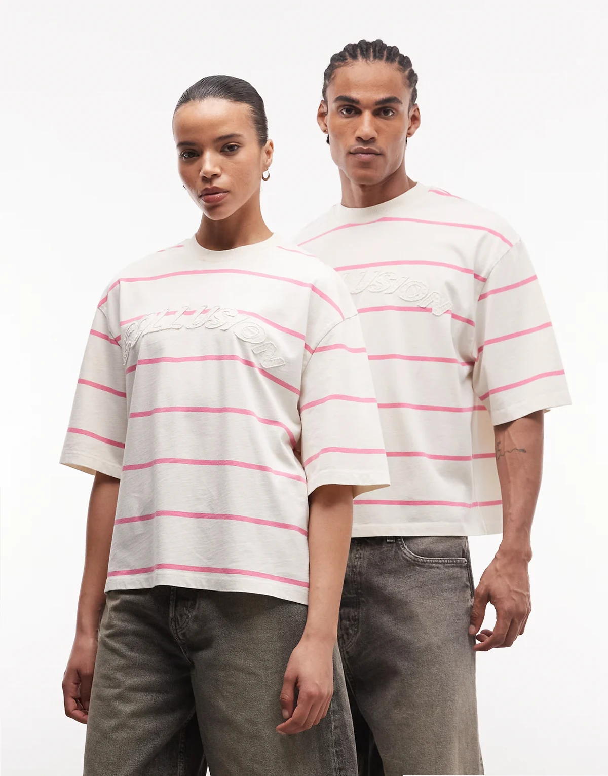 Unisex – Żółto-różowy T-shirt oversize w paski z logo