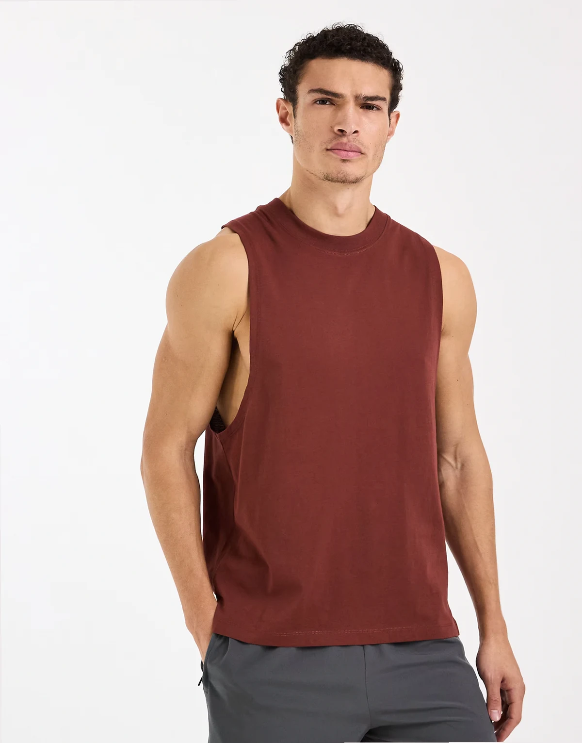 Icon cotton dropped armholes training tank top with quick dry finish in rust