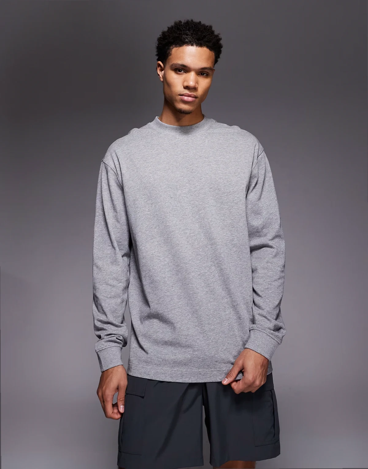 – Icon – Schweres, langärmliges Oversize-T-Shirt aus Baumwolle in Grau meliert mit schnell trocknendem Finish