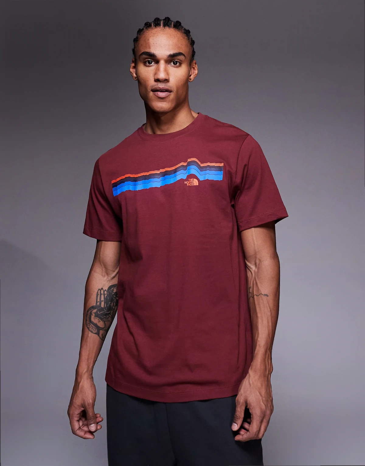 Evolution Sunrise chest and back print short sleeve t-shirt in burgundy