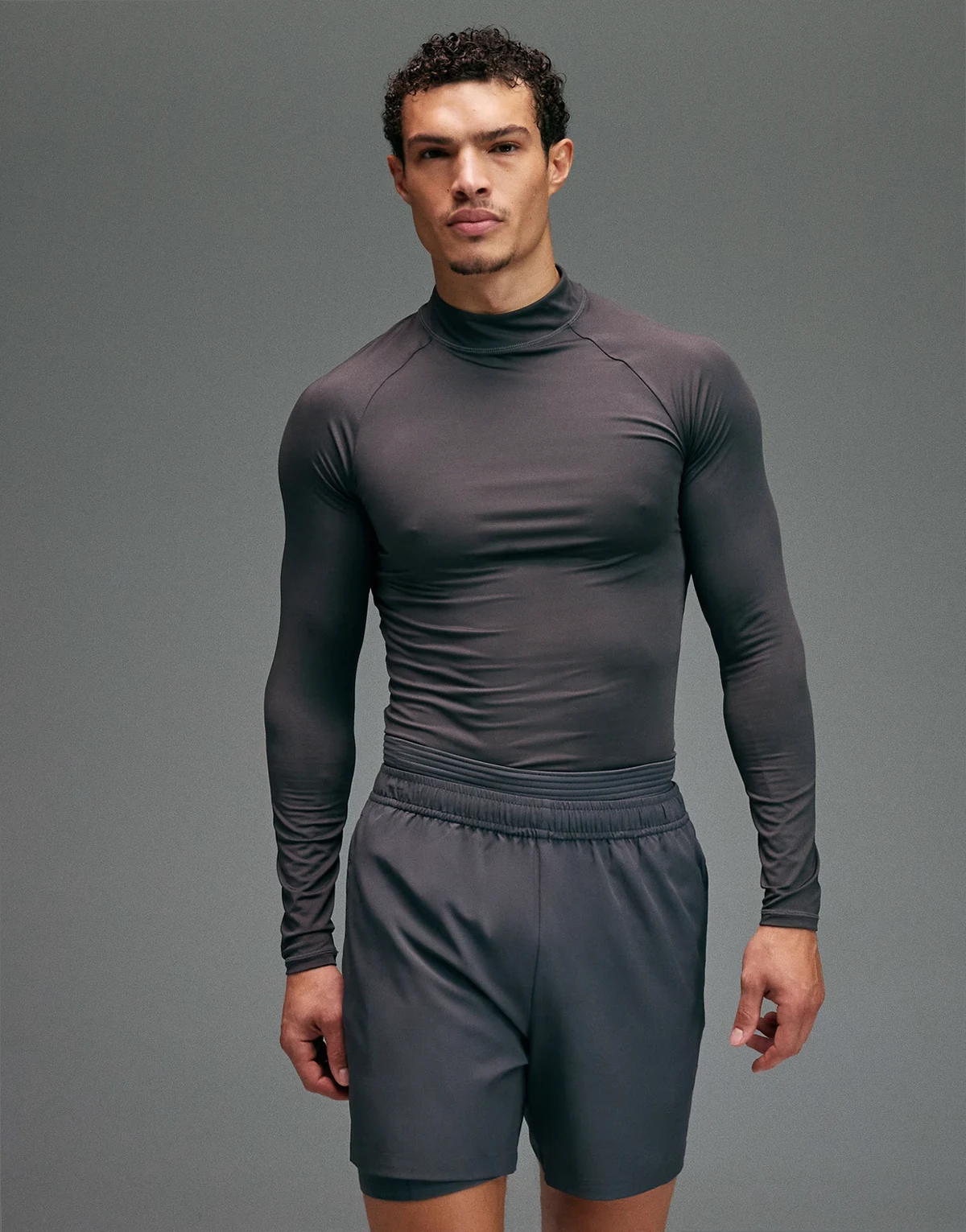 Icon active quick dry muscle fit base layer training long sleeve mock neck top in charcoal