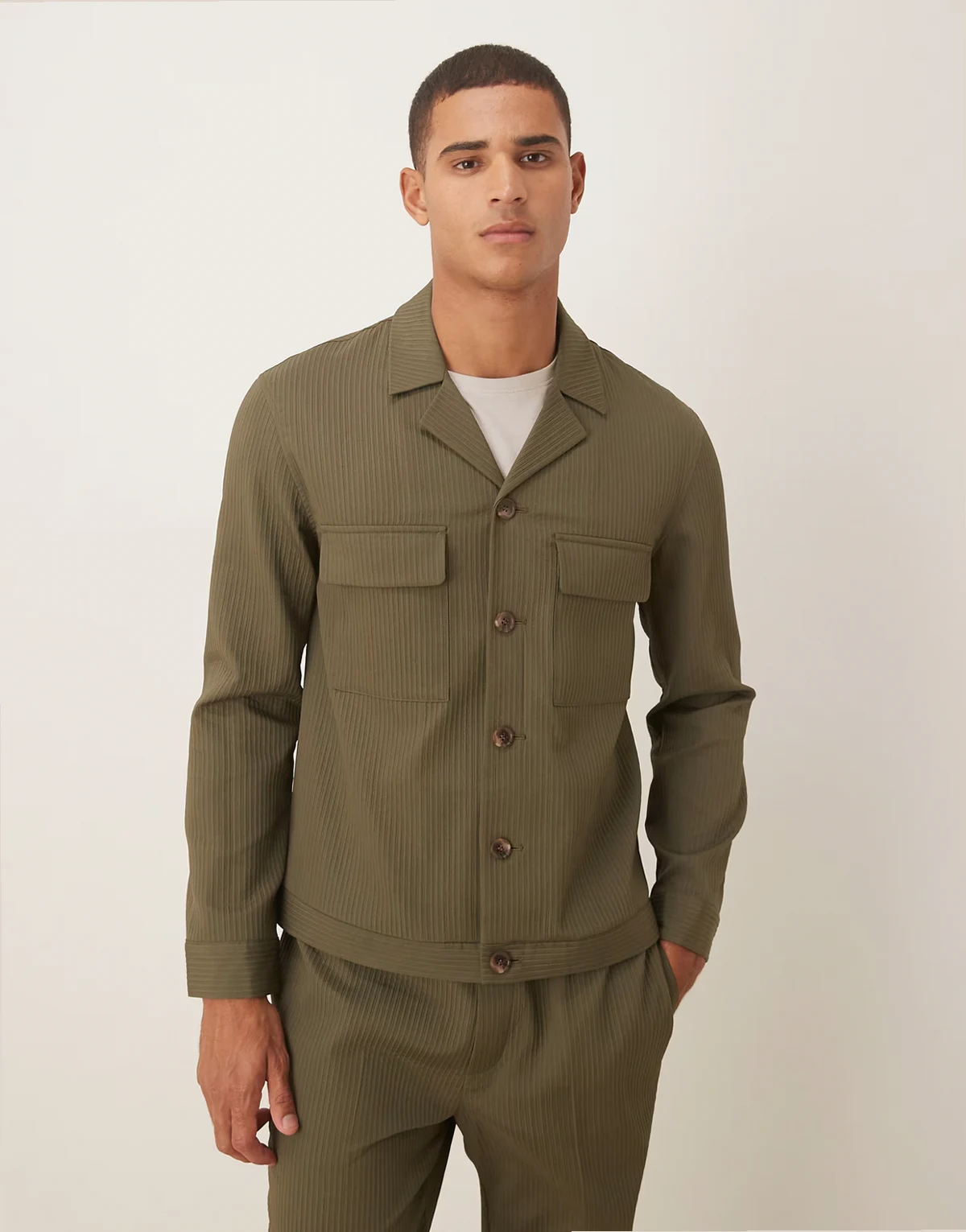 dressy shacket in khaki-green rib knit - part of a set