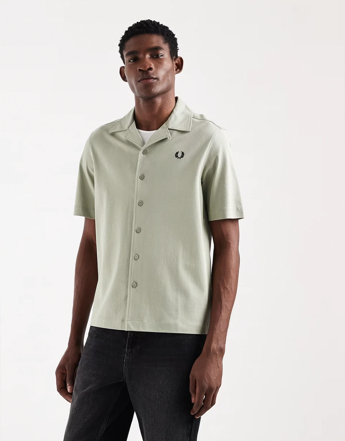 short sleeve camp collar logo shirt in pale green