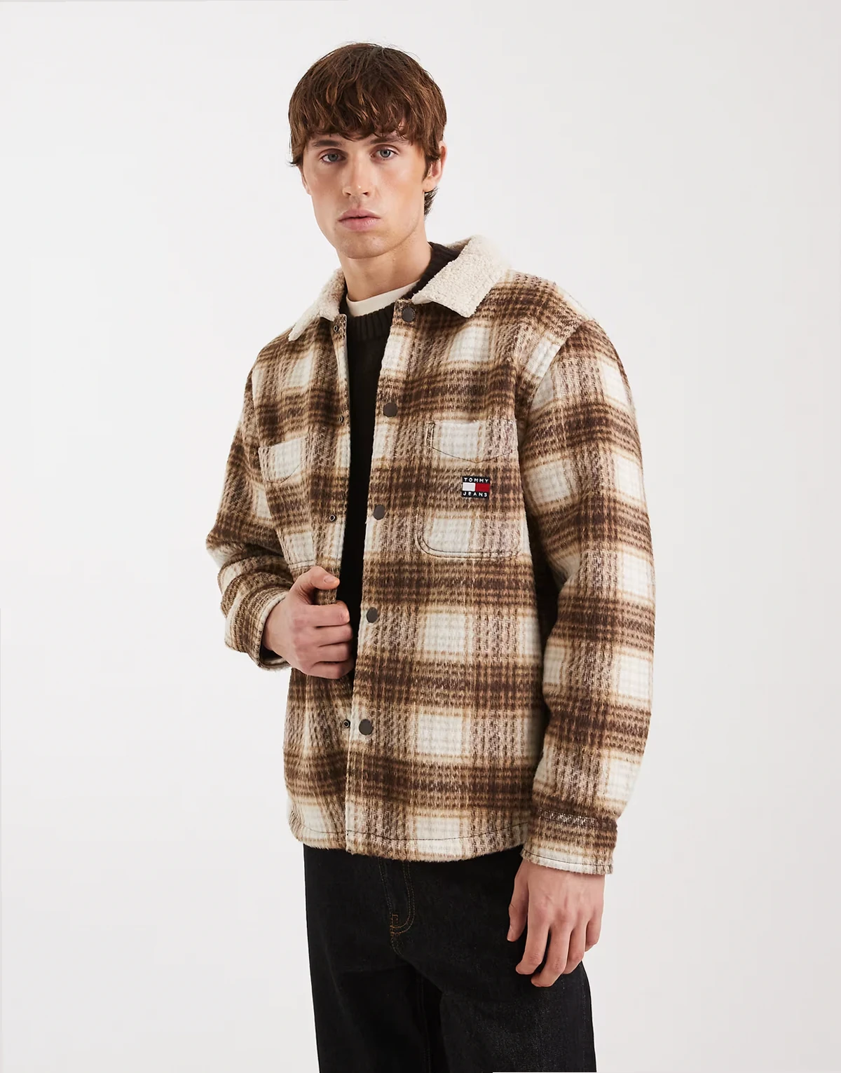 chest logo check teddy overshirt in brown