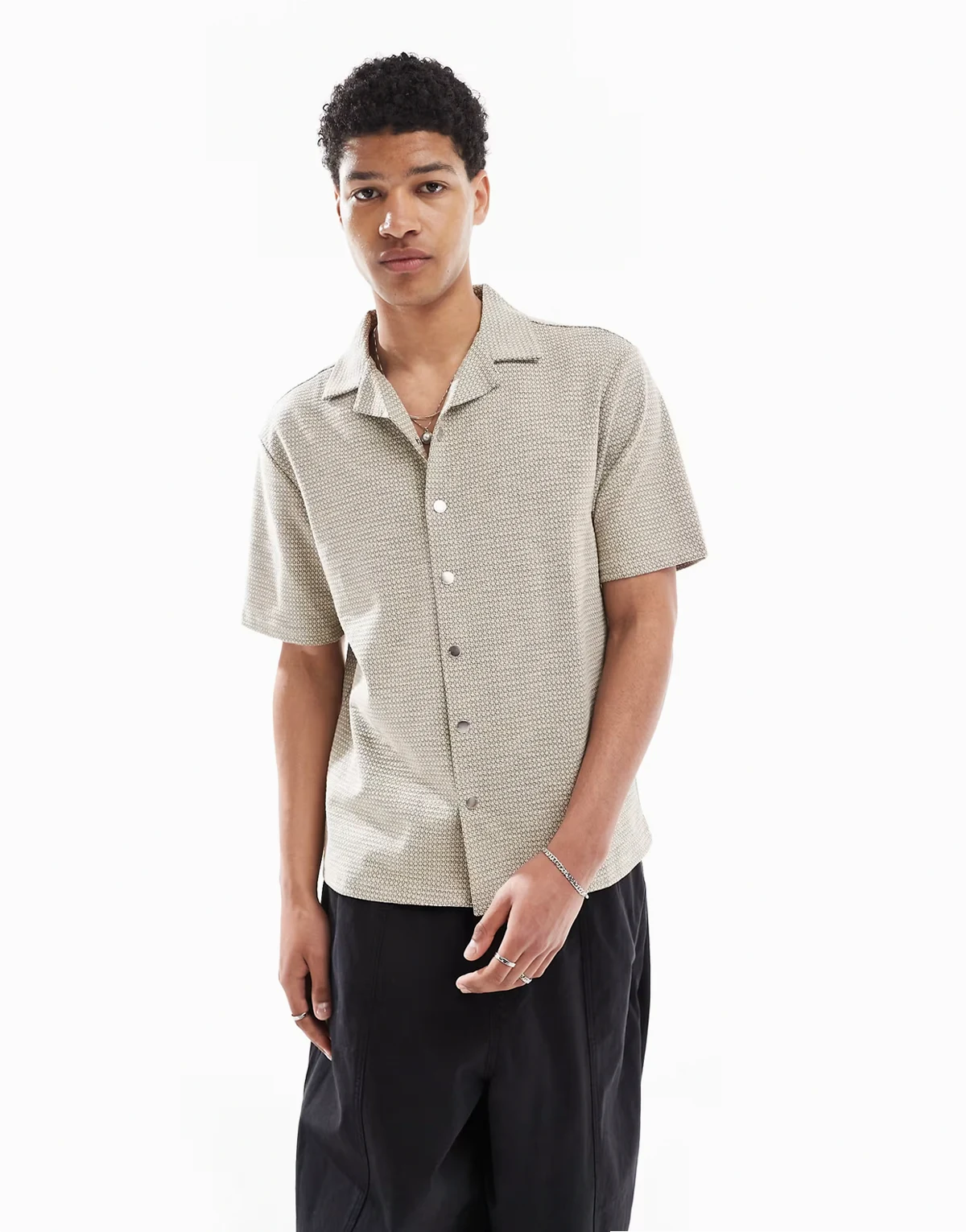 revere collar textured shirt with taping in stone