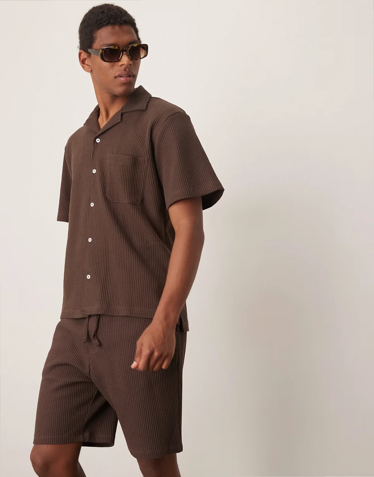 camp collar waffle shirt in brown - part of a set