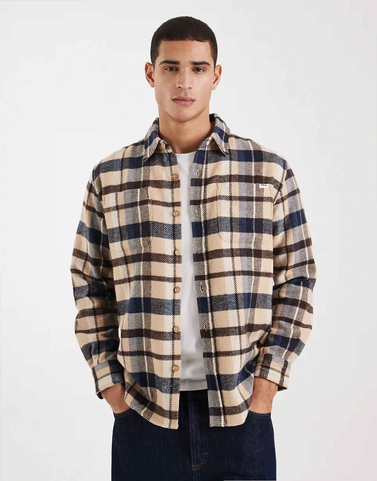 long sleeve logo shirt in blue and beige plaid